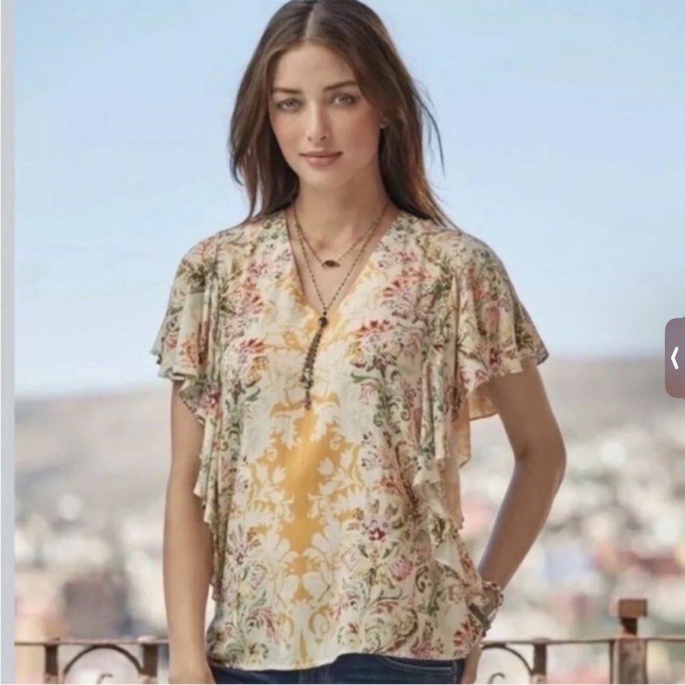 Sundance Arabella Blouse Flutter Sleeve Floral V-Neck Boho Peasant Top Yellow S
